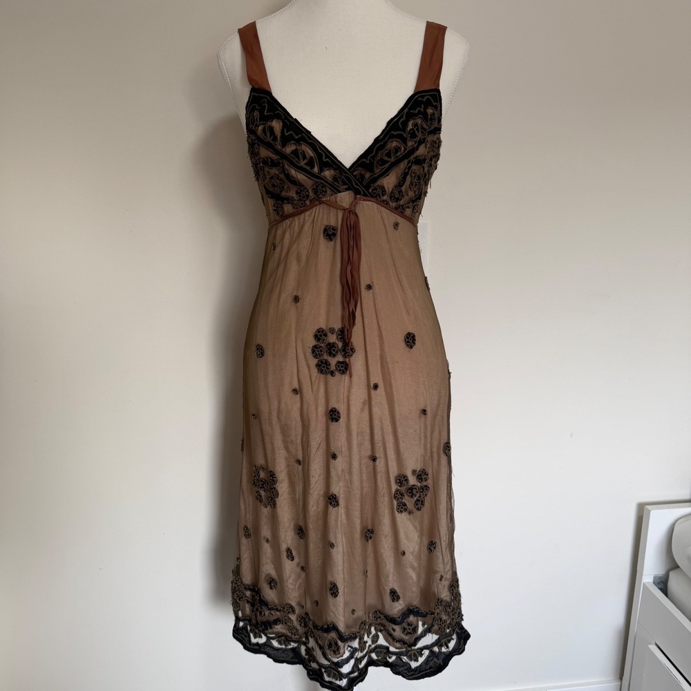 Nougat London Floral Embroidered Mesh Midi Dress Womens Size 1 Brown Whimsigoth